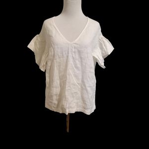 Lanhtropy white linen v-neck blouse with short ruffled flutter sleeves